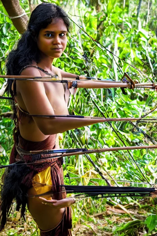 Prompt: a professional photo of a sri lankan jungle girl, black hair, hunter, with bow and arrow, extremely high fidelity, natural lighting.