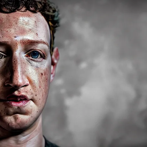 Image similar to angry zuckerberg with shotgun, extreme detail, studio light, photorealistic, gritty, movie still, cinematic, bruised face, soft focus, well edited, 8 k, atmospheric, dark, leather jacket