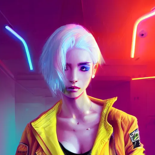 Prompt: A colourful neon filled painting of a female gang leader with white hair by Wlop and Z eD, Cyberpunk, handsome face, bomber jacket, white hair, yellow iris, golden eyes, trending on artstation, pixiv, 4k, HDR, unreal engine