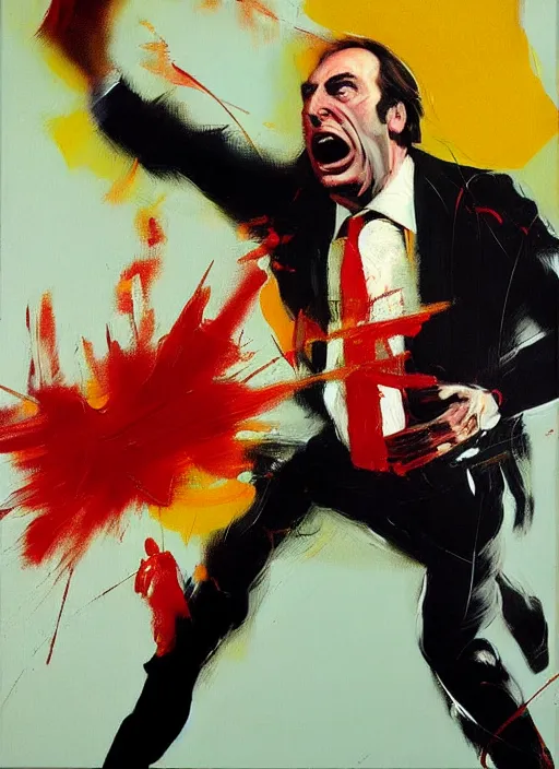 Image similar to saul goodman, screaming, painting by phil hale, sir francis bacon,'action lines '!!!, graphic style, visible brushstrokes, motion blur, blurry