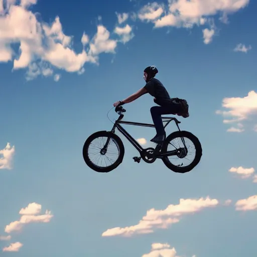 Prompt: A flying bike, the bike is flying in the air, the photo was taken from the ground looking up at the sky, realistic, ultra high detail, 8k.