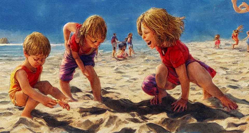 Image similar to little kids play with sand in beach , high quality, illustration, by David Finch