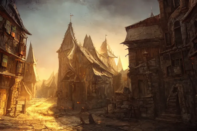 Image similar to A small medieval city, fantasy, dynamic lighting, cinematic, concept art, trending on artstation, sharp focus, highly detailed, 8k, photo, still, midday, sunny