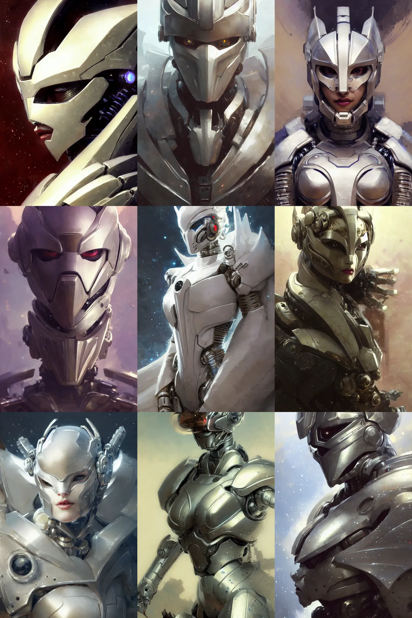 Prompt: extreme close up, extreme full body, facial portrait, half - woman with a beautiful face in white sci - fi armor, kitsune mask on head, mechanical armor, cybernetic hands, striking pose, portrait dnd, painting by gaston bussiere, craig mullins, greg rutkowski, yoji shinkawa