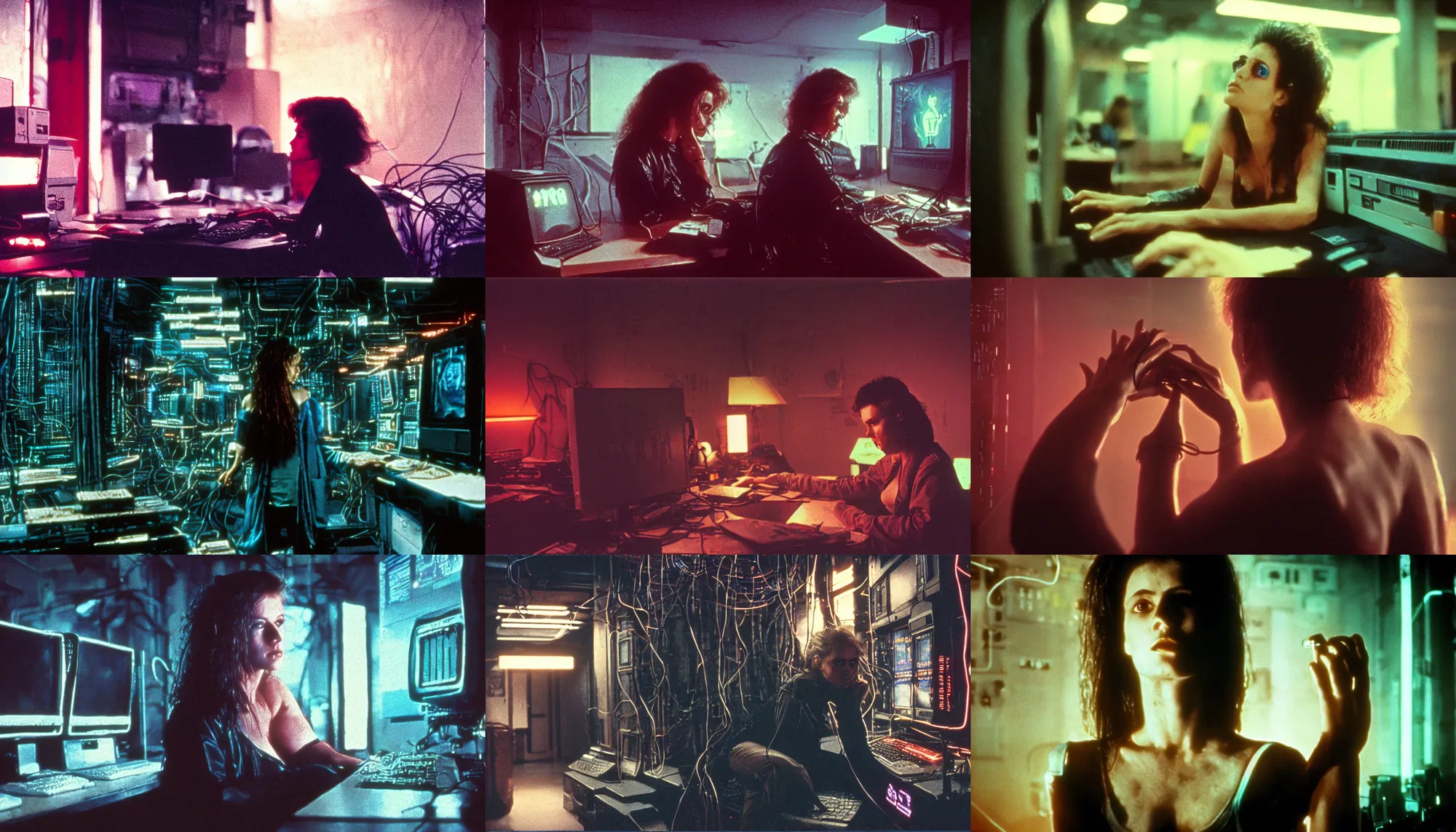 Prompt: 1 9 8 0 s movie still, beautiful female neuromancer, werewolf man huge, brain connected to computer, wires, computers, cinestill 8 0 0 t 3 5 mm, high quality, heavy grain, neon, cyberpunk, shadowrun, dirty, high detail, panoramic, cinematic composition, dramatic light, ultra wide lens, anamorphic