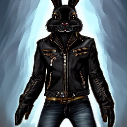 Image similar to A bunny with a small head wearing a fine intricate leather jacket and leather jeans and leather gloves, trending on FurAffinity, energetic, dynamic, digital art, highly detailed, FurAffinity, high quality, digital fantasy art, FurAffinity, favorite, character art