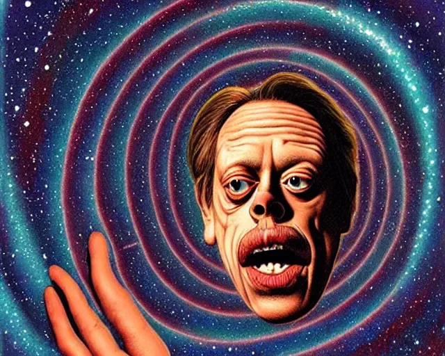 Image similar to steve buscemi floating in a spiral galaxy, cosmic horror painting, elegant intricate digital painting artstation concept art by basil wolverton by robert crumb by william eggleston detailed