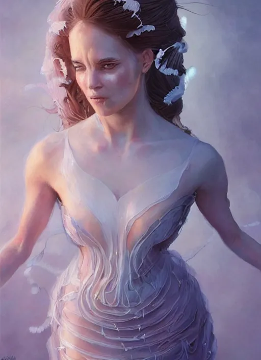 Prompt: a beautiful woman in a dress shaped like a jellyfish. beautiful highly detailed face. painting by artgerm and greg rutkowski and magali villanueve.