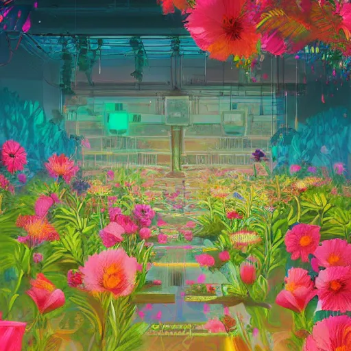 Prompt: a place full of flowers, epic retrowave art, trending on art station