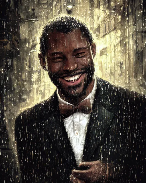 Prompt: a highly detailed portrait of black man smiling in the rain in a back tuxedo, intricate, digital painting, old english, raining, sepia, particles floating, whimsical background by marc simonetti, artwork by liam wong