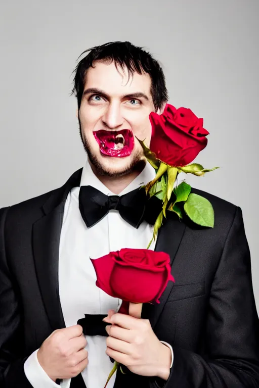 Image similar to portrait of a romantic zombie in a suit holding a rose and smiling