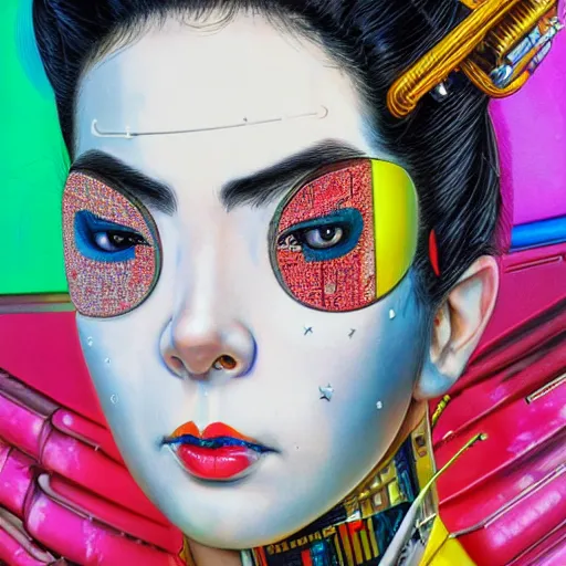 Prompt: portrait of cyborg geisha by sandra chevrier, by makoto shinkai, cybernetics, glamor shot, closeup, vivid colours, hyper realistic detailed intricate render, hypermaximalist, ornate, epic composition, sharp focus, masterpiece