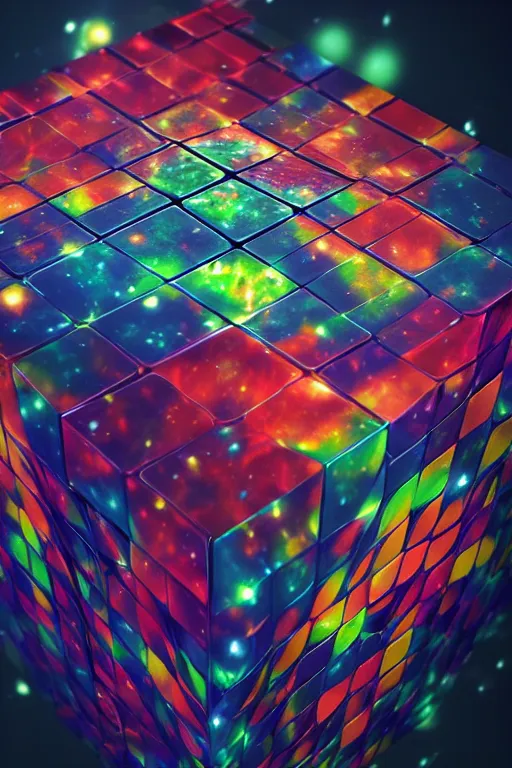 Image similar to four dimensional parallel universe cosmic rubik's cube hypercube tesseract with wormholes, energy and galaxies around it. epic, dramatic, cinematic, digital art, octane render, blender, 8 k, hyperrealistic, trending on artstation