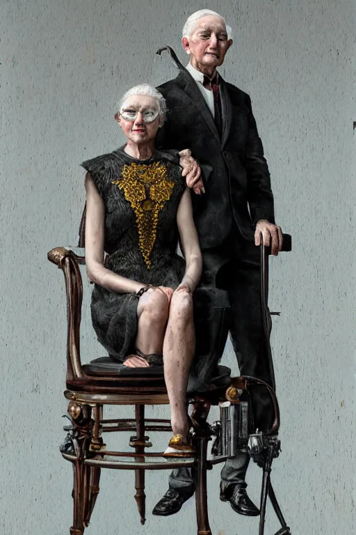 Image similar to a beautiful ultradetailed fine art old vintage couples portrait photo of cyborgs sitting on a chair and standing, by tom bagshaw and zach sutton, couples portrait, vignette, 35mm lens, golden ratio composition, studio photography, very detailed, humanoids, artstation, 8k, highly coherent