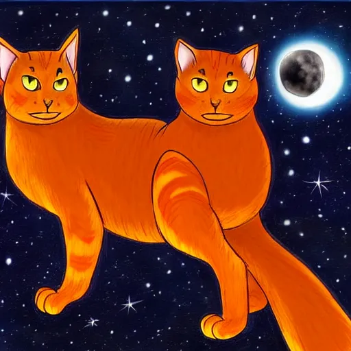Prompt: Firestar and Ravenpaw sitting next to each other looking into the Moon, Warrior cats, Erin Hunter, illustration of 2 cats, trending on artstation, Paintings
