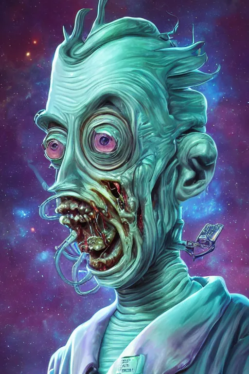 Prompt: rick and morty fused with a lovecraft space astronaut zombie, photo, portrait, 3d, high details, intricate details, by vincent di fate, artgerm julie bell beeple, 90s, Smooth gradients, octane render, 8k, volumetric lightning, High contrast, duo tone, depth of field, very coherent symmetrical artwork