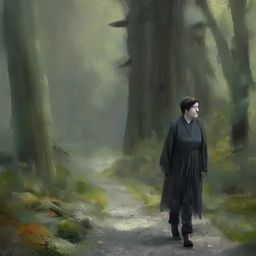 Image similar to supreme court justice elena kagan going for a walk in the woods, digital art by ruan jia and mandy jurgens and artgerm, highly detailed, trending on artstation, award winning