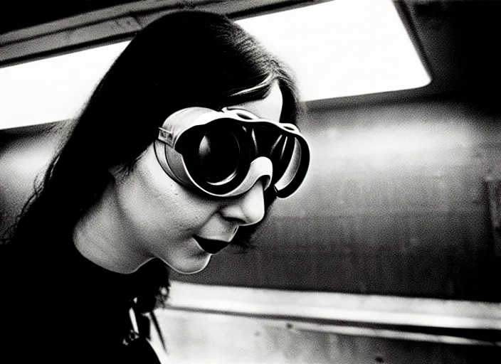 Image similar to close - up portrait of a young woman wearing a choker and welding goggles, in a subway, richard avedon, tri - x pan