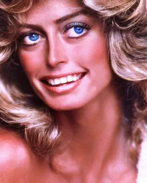 Image similar to closeup portrait of a beautiful young farrah fawcett in a sports illustrated photoshoot, rim lighting, glamour pose, hyper realistic, soft lighting,,, hd, octane, arney freytag!!!