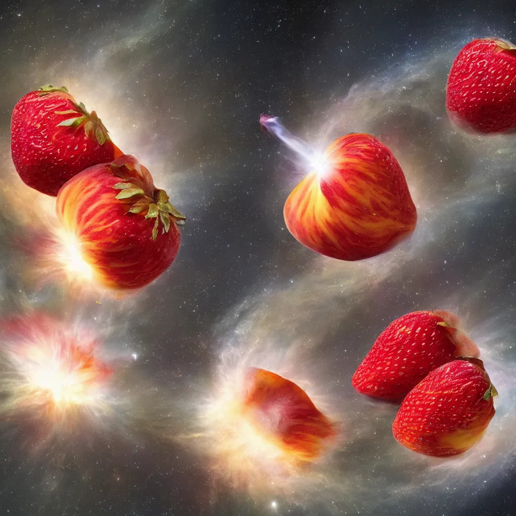 Image similar to a peach-like neutron star is bursting and throwing strawberry to all around