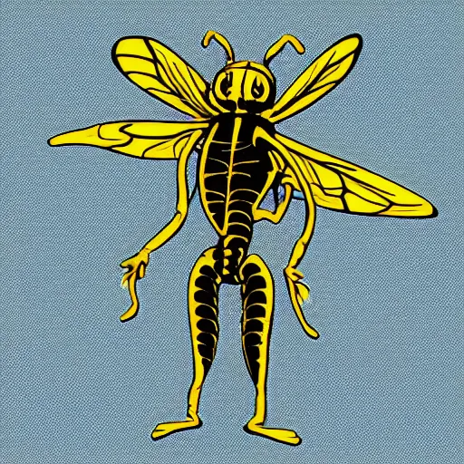 Image similar to human man that resembles a wasp morh in surreal sketch style, blue and yellow gradient, noise, ultrafine detail, hd 8k, logo illustration