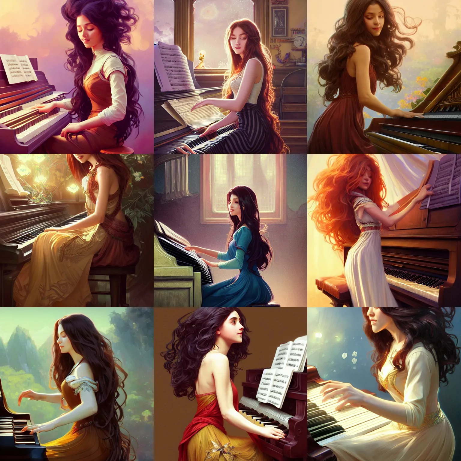 Prompt: cheerful older sister with long voluminous hair playing piano, full body shot, intricate, highly detailed, digital painting, artstation, concept art, matte, sharp focus, illustration, hearthstone, art by artgerm and greg rutkowski and alphonse mucha