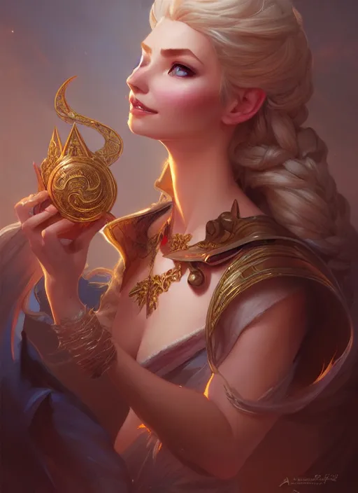 Image similar to elsa, d & d, fantasy, intricate, elegant, highly detailed, digital painting, artstation, concept art, matte, sharp focus, illustration, hearthstone, art by artgerm and greg rutkowski and alphonse mucha