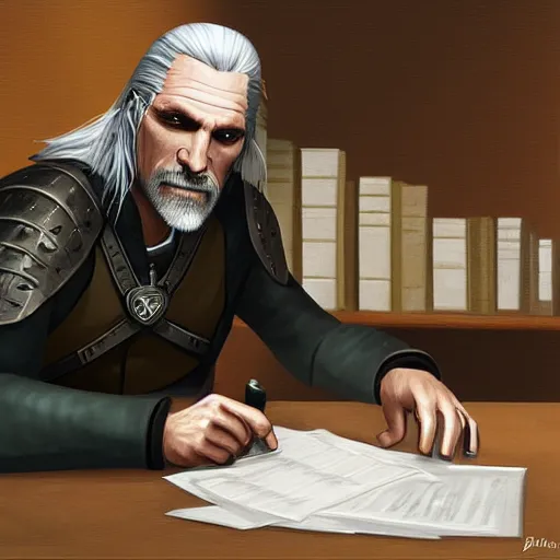 Image similar to Geralt working in an office, digital art, oil painiting