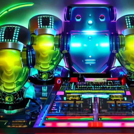 Prompt: album art, text roborock, 3 dieselpunk robot heads with robot arms on a dj desk with a cd mixer, 8 k, fluorescent colors, halluzinogenic, multicolored, exaggerated detailed, front shot, 3 d render, octane
