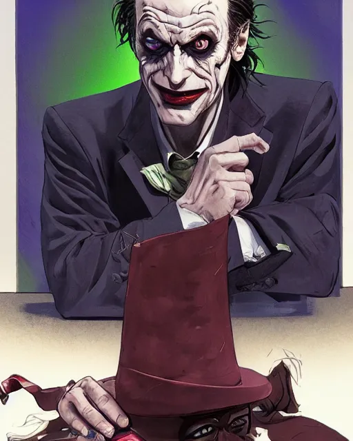 Image similar to portrait of saul goodman as the joker, event photography, art by makoto shinkai and peter elson, bernie wrightson