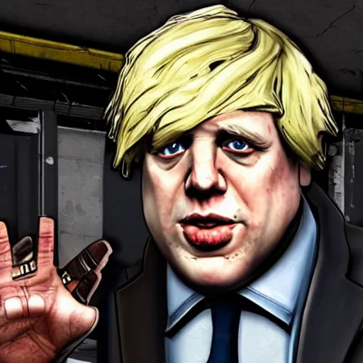 Prompt: Boris Johnson as a character in Borderlands, high detail