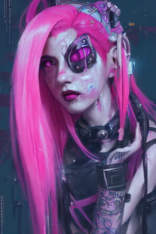 Prompt: jinx from league of legends, long pink hair, cyberpunk futuristic neon. decorated with traditional japanese ornaments by ismail inceoglu dragan bibin hans thoma greg rutkowski alexandros pyromallis nekro rene maritte illustrated, perfect face, fine details, realistic shaded, fine - face, pretty face