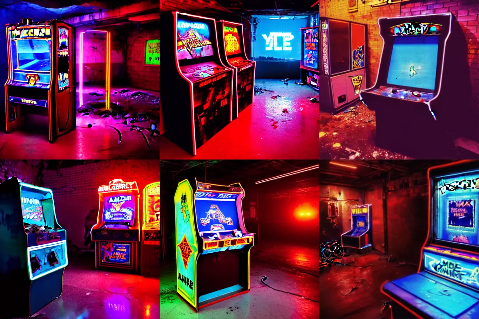 Image similar to an arcade cab from 1984 running a game in a dilapidated cyberpunk warehouse in a crumbling building dangling by the power cord on the edge of a cliff overlooking the ocean, Neon lighting, volumetric lighting, dimly lit, reflective surfaces