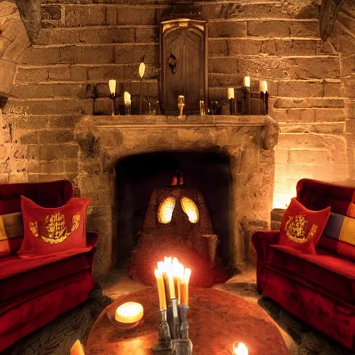 Image similar to A photograph of the Gryffindor common room, cozy arm chairs, a fire burning in the hearth, high ceilings, lit by many candles, light rays, magic aura, bloom, mysterious