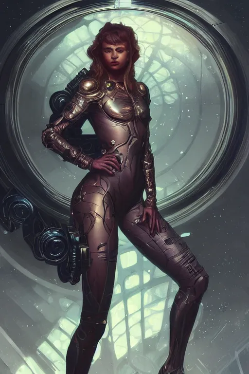 Image similar to full body portrait of a girl, sci fi, synthwave, cyberpunk, intricate, elegant, highly detailed, digital painting, artstation, concept art, smooth, sharp focus, illustration, art by artgerm and greg rutkowski and alphonse mucha