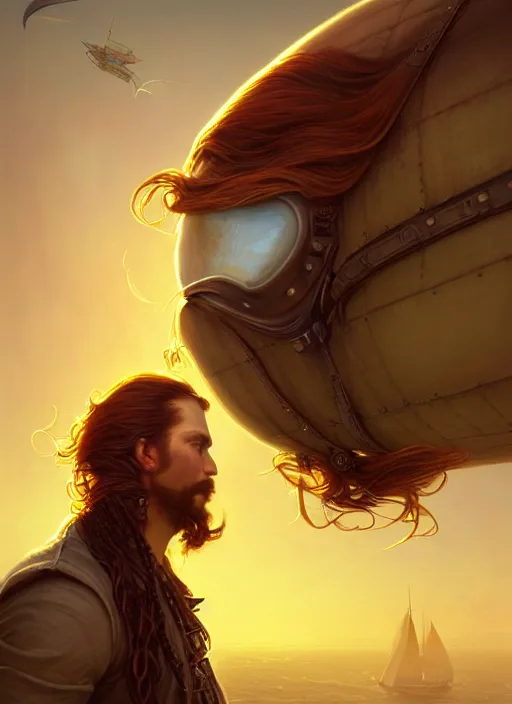 Image similar to portrait painting of a handsome face rugged long hair crimson hair male pirate, top half portrait soft hair steampunk ornate zeppelin blimp airship in the background sky sunset golden hour fantasy soft hair trending on artstation deviantart book cover art dramatic volumetric lighting art by stephan martiniere wlop greg rutkowski gaston bussiere