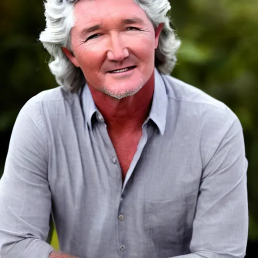 Image similar to patrick duffy, he has very long length straight grey hair, wearing a white shirt