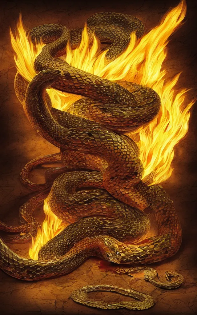 Image similar to a snake wrapped around a flaming sword, digital art.