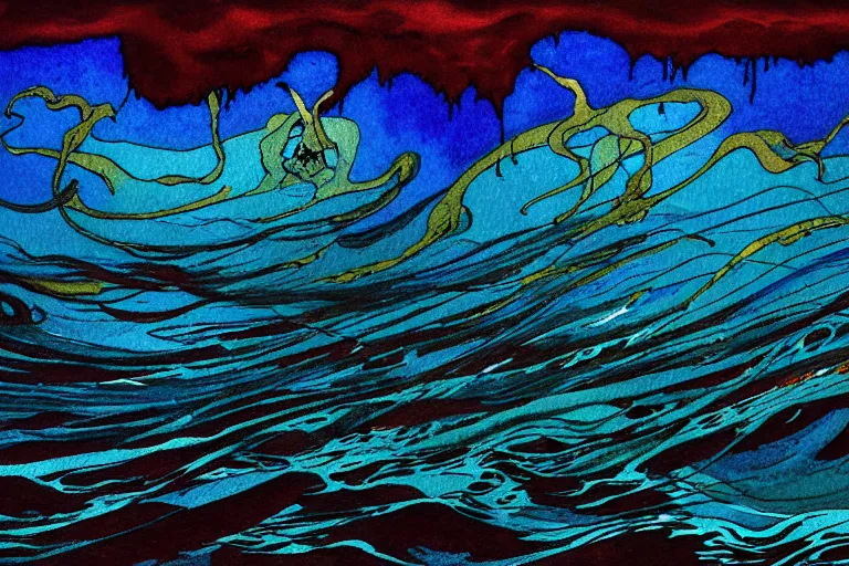 Prompt: despair, drowning, loneliness. a spirit collapsing into oblivion, the weeping visage of a longing dreamer in desolation. cosmic void, abyssal ocean depths, vibrant darkness, by jackson pollock, john avon, rebecca guay, carl critchlow. moody, murky. dimming hope in the endless waters. abstract water color painting. final fleeting moments.