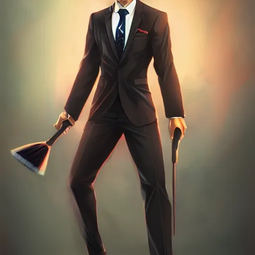 Image similar to wolf in suit, holding brush, anime, artgerm, wlop, artstation, detalied, high quality,