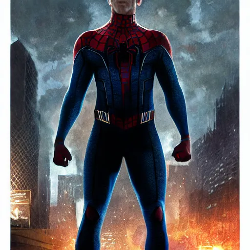 Image similar to ryan reynolds as spider - man, wearing a black and blue suit, cinematic, volumetric lighting, f 8 aperture, cinematic eastman 5 3 8 4 film, photorealistic by greg rutkowski, by stanley artgerm, by alphonse mucha