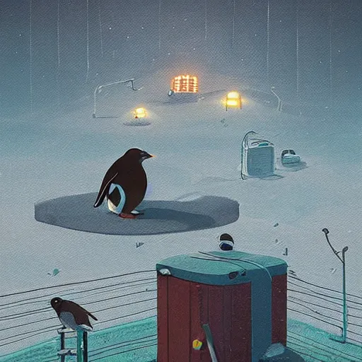 Prompt: penguin, art by simon stalenhag