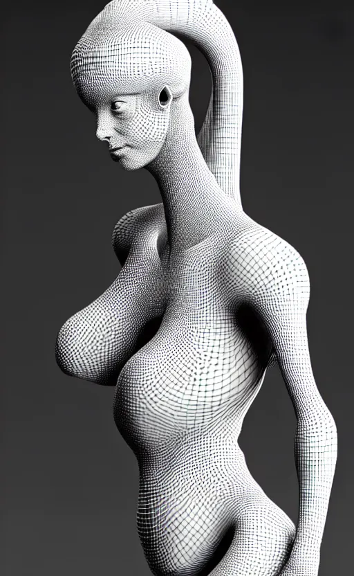 Image similar to a black and white 3D render of a full figure young female angelic-dragon-cyborg with a very long neck, Mandelbrot fractal, anatomical, flesh, facial muscles, veins, arteries, full frame, microscopic, elegant, highly detailed, flesh ornate, elegant, high fashion, rim light, 150 mm lens, octane render in the style of H.R. Giger and Man Ray, Realistic, Refined, Digital Art, Highly Detailed, Cinematic Lighting, rim light, photo-realistic Unreal Engine, 8K