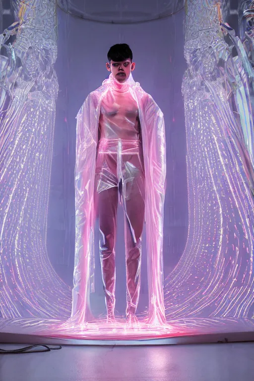 Image similar to full-body baroque and cyberpunk style neon statue of a attractive muscular translucent Joe Jonas as a humanoid deity wearing a thin see-through plastic hooded cloak sim roupa, posing like a superhero, glowing white face, crown of white lasers, large diamonds, swirling white silk fabric. futuristic elements. oozing glowing liquid, full-length view. space robots. human skulls. throne made of bones, intricate artwork by caravaggio. Trending on artstation, octane render, cinematic lighting from the right, hyper realism, octane render, 8k, depth of field, 3D