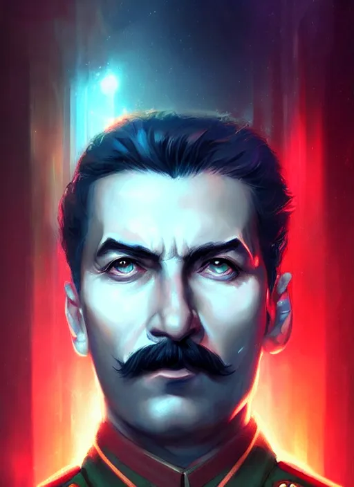 Image similar to « a portrait o cyberpunk joseph stalin, glowing eyes, a digital painting by charlie bowater, featured on cgsociety, fantasy art, behance hd, wiccan, artstation hd »