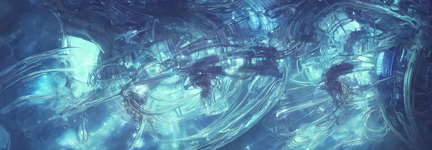 Image similar to Panorama hyper detailed painting of a cyberpunk jellyfish, blue tones, underwater, 8 mm, highly detailed, digital painting, artstation, concept art, smooth, sharp focus, illustration, art by artgerm and greg rutkowski and alphonse mucha