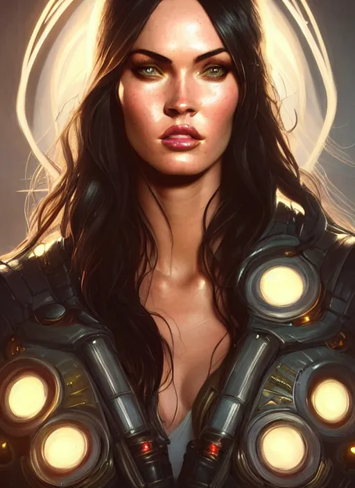 Image similar to portrait of apex legends megan fox, intricate, elegant, glowing lights, highly detailed, digital painting, artstation, glamor pose, concept art, smooth, sharp focus, illustration, art by artgerm and greg rutkowski, artey freytag