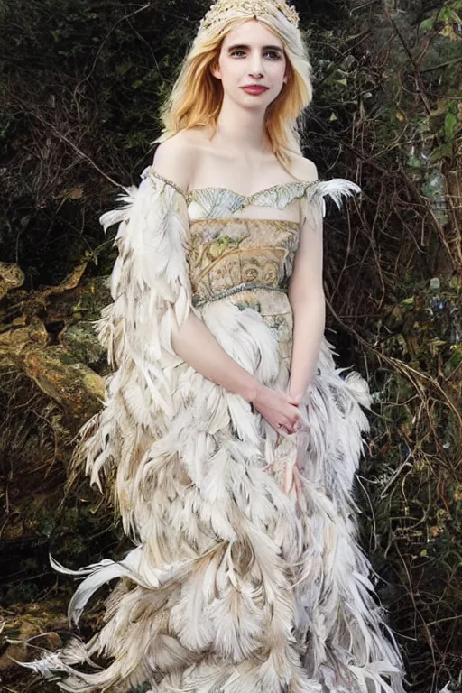 Image similar to blonde emma roberts as a queen of feathers, goddess of the wild, silk dress by rosetti and alan lee