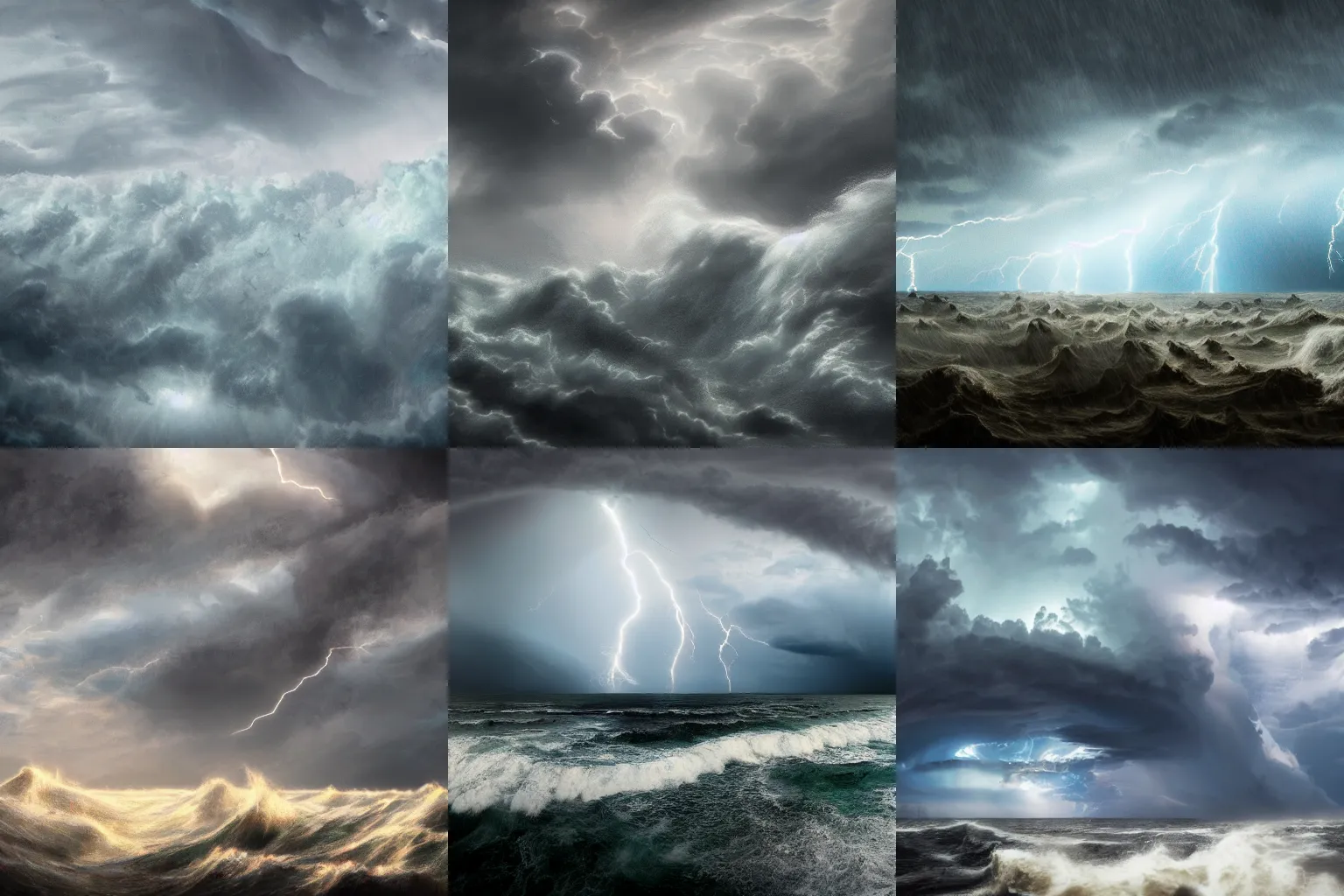 Prompt: a tumultuous sea of horses, storm, vortex, lightning, wide angle, panorama, trending on artstation