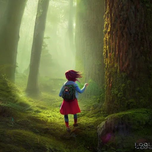 Prompt: a red - haired explorer girl kid with a backpack and a map, in the deep tangled, mossy, misty forest, lit by sunbeams, by loish, unreal 5,